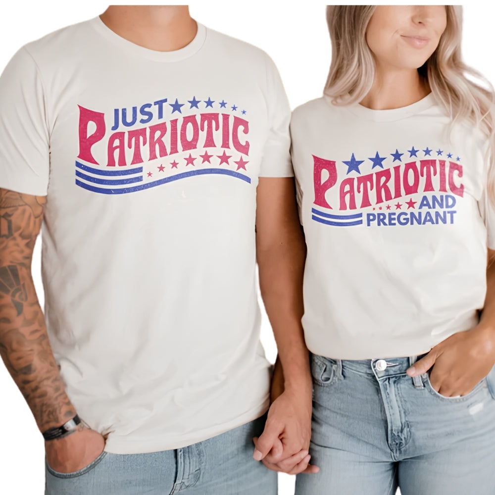 Just Patriotic And Pregnant Matching Baby Announcement 4th Of July Shirt For Husband And Wife, Pregnancy Announcement Matching Shirts For Couple ET0738