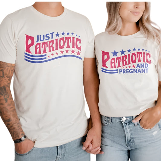 Just Patriotic And Pregnant Matching Baby Announcement 4th Of July Shirt For Husband And Wife, Pregnancy Announcement Matching Shirts For Couple ET0738