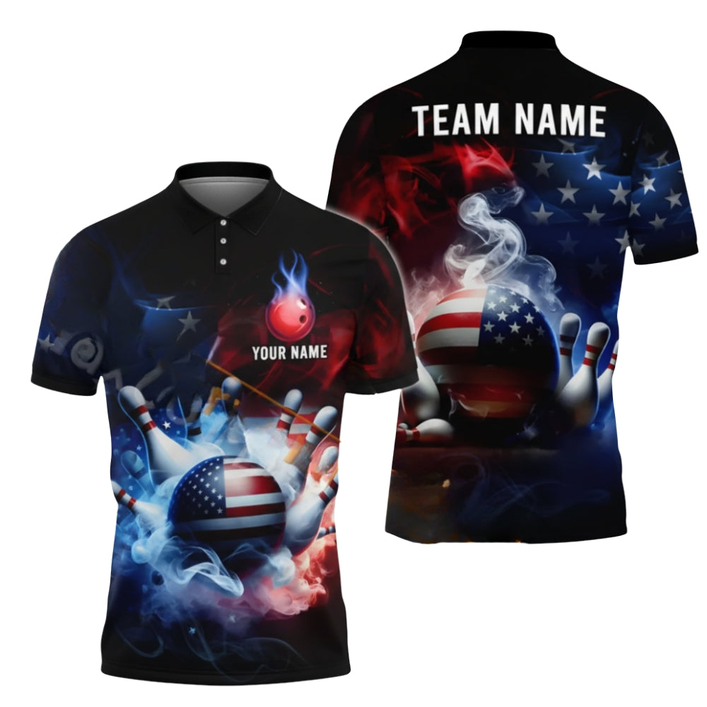 Custom American Flag Smoke Bowling Polo Shirt For Men, Custom Patriotic Bowling Team Shirts BZ0364