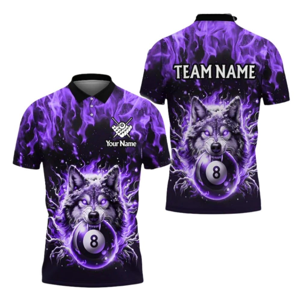 Custom Wolf 8 Ball Flaming Billiard Men Polo Shirt, Custom Wolf Billiard Team Shirts BIE0051