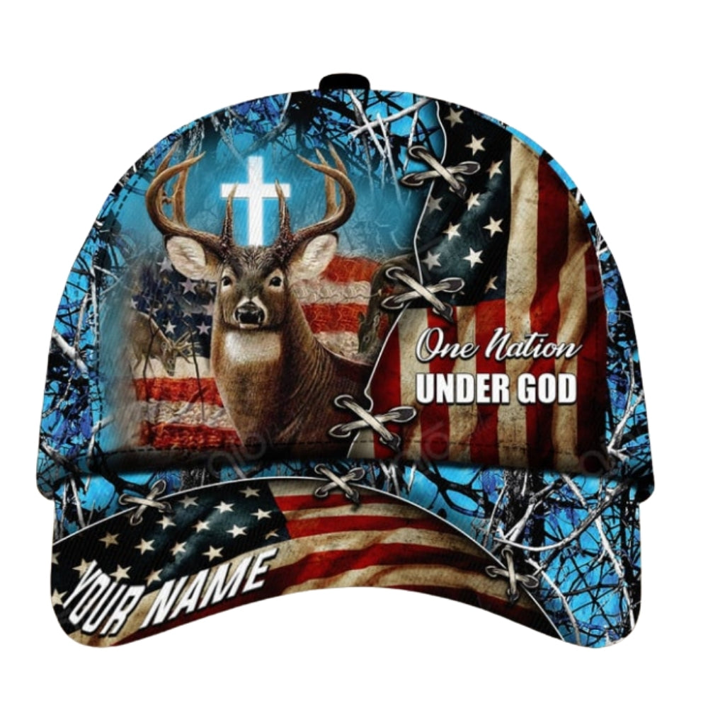 One Nation Under God Custom American Flag Deer Hunting Baseball Cap, Custom Deer Hunting Caps CP0369