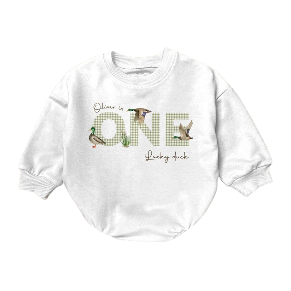 One Luck Duck Custom Mallard Duck Baby Romper Sweatshirt, Custom 1st Birthday Duck Baby Romper Sweater BB0502