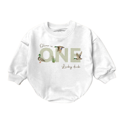 One Luck Duck Custom Mallard Duck Baby Romper Sweatshirt, Custom 1st Birthday Duck Baby Romper Sweater BB0502
