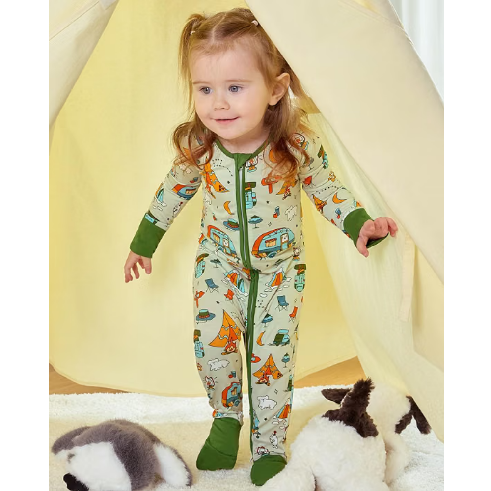 Camping Green Baby Convertible Zipper Romper, Camp Baby Romper Convertible BB0634