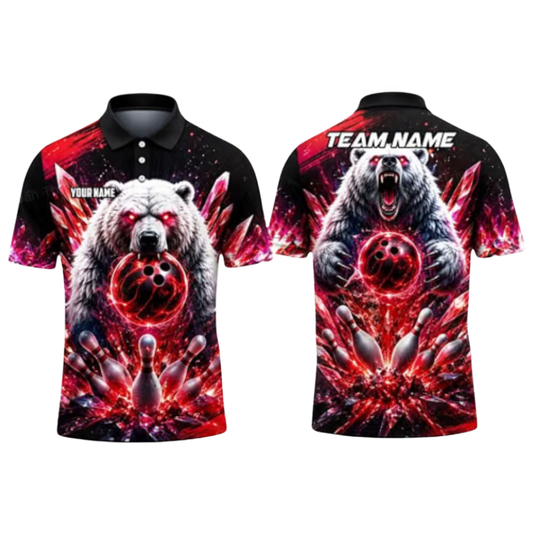 Custom Mens Bear Bowling Polo Shirts Black Red, Custom Bear Bowling Team Shirt BZ0993