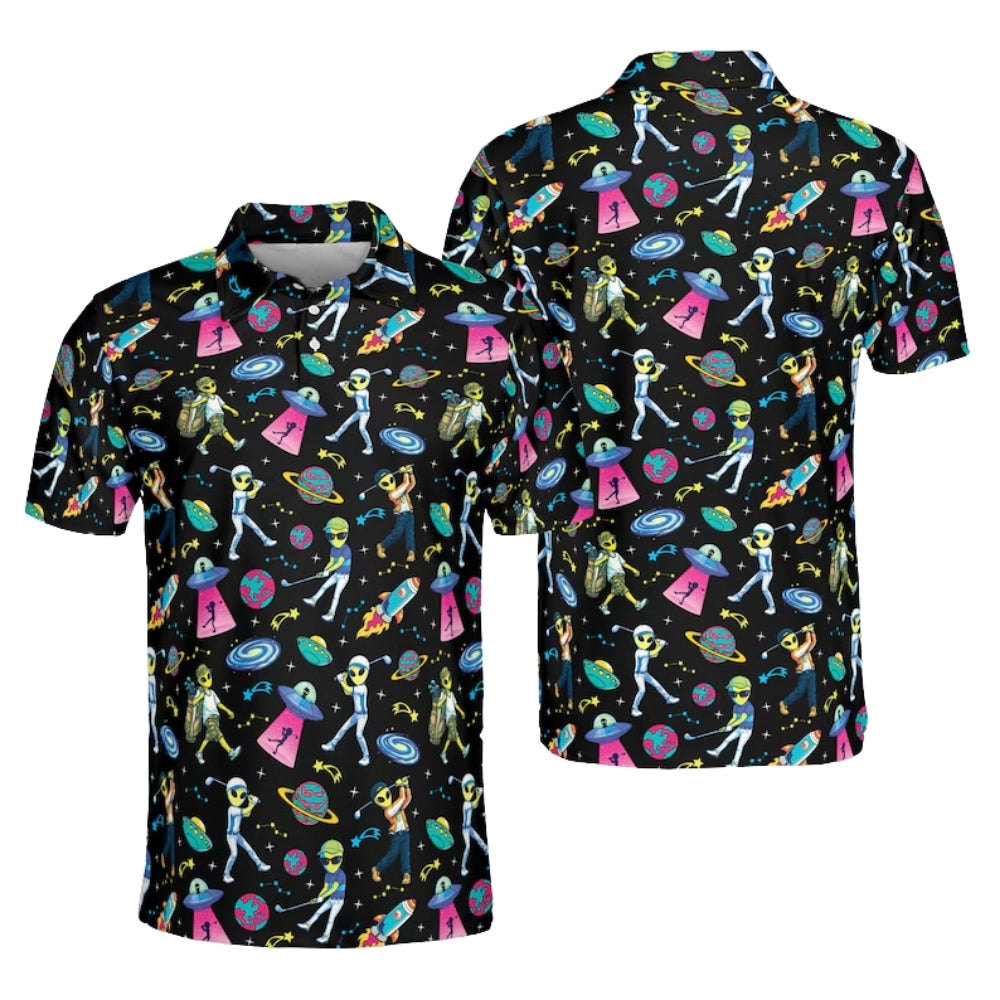 Funny Alien Golf Men's Polo Shirt, Space Alien Golf Shirts GE0351