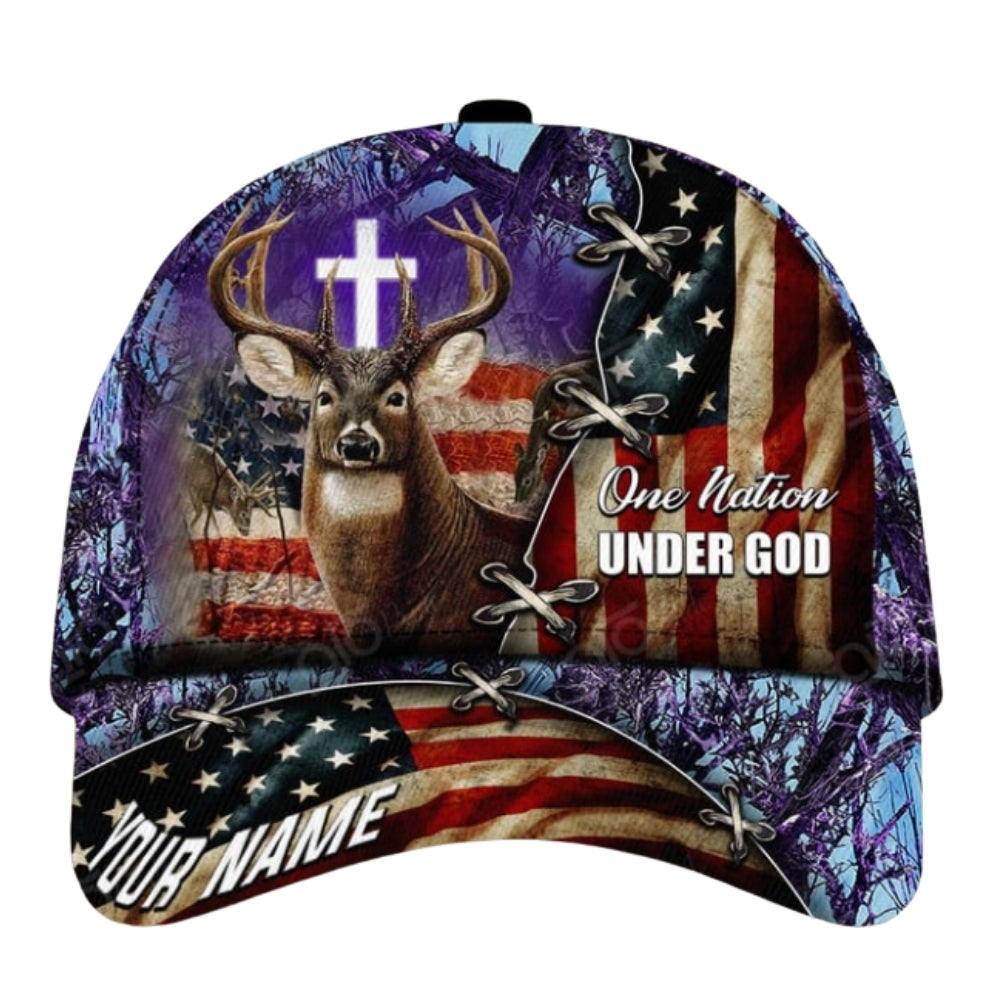 One Nation Under God Custom American Flag Deer Hunting Baseball Cap, Custom Deer Hunting Caps CP0369