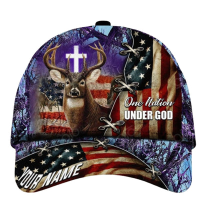 One Nation Under God Custom American Flag Deer Hunting Baseball Cap, Custom Deer Hunting Caps CP0369