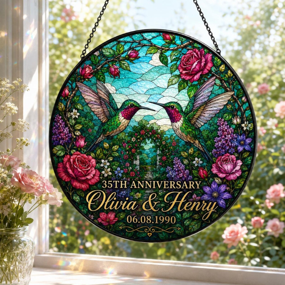 Personalized 35th Anniversary Cardinal Bird Stained Glass Suncatcher, Custom Sapphire Anniversary Suncatcher WD0381