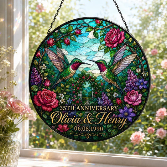 Personalized 35th Anniversary Cardinal Bird Stained Glass Suncatcher, Custom Sapphire Anniversary Suncatcher WD0381