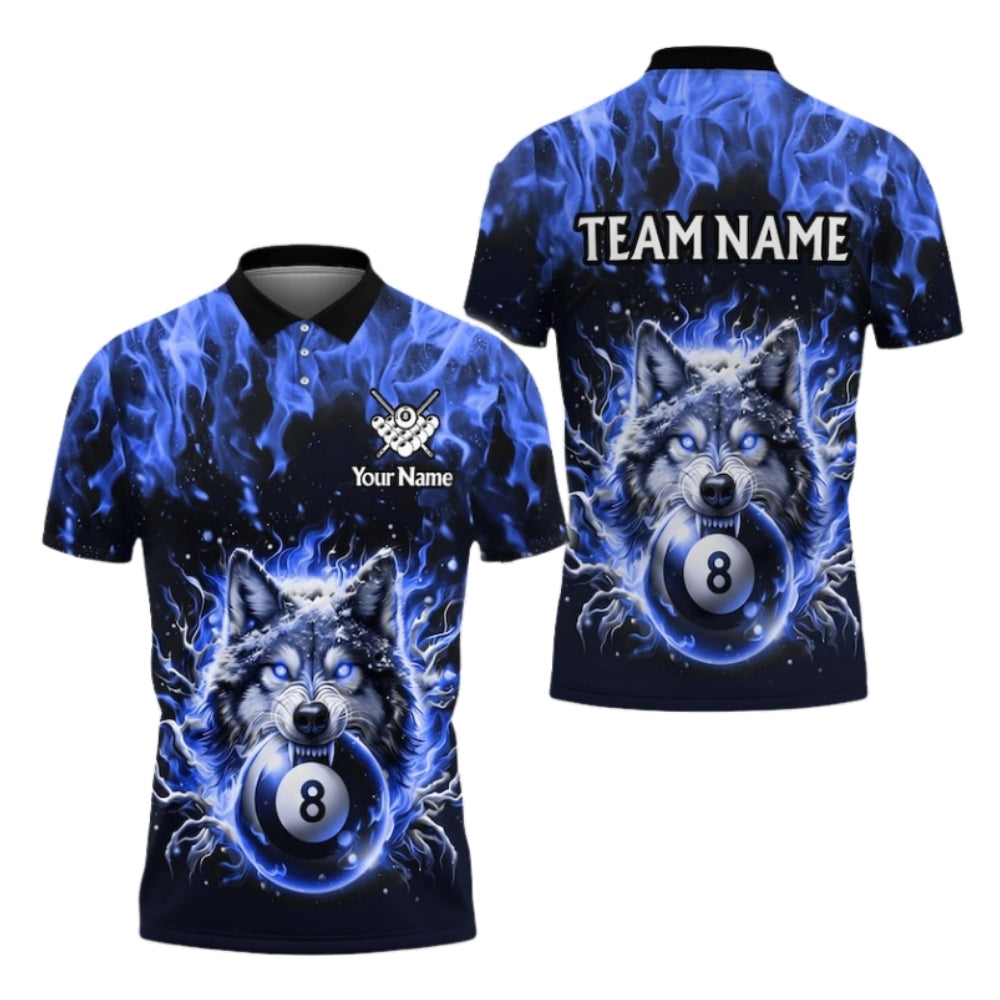 Custom Wolf 8 Ball Flaming Billiard Men Polo Shirt, Custom Wolf Billiard Team Shirts BIE0051