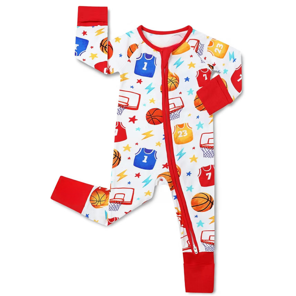 Basketball Red White Baby Romper Convertible Zipper, Basketball Romper Baby Convertible BB0635