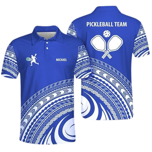 Custom Tribal Blue And White Pickleball Men's Polo Shirt, Custom Tribal Pickleball Team Shirts PZ0003