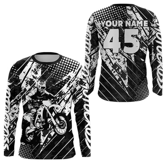 Custom Grunge Black And White Motocross Racing Long Sleeve Shirt For Men, Motocross Jersey Custom MZ0041