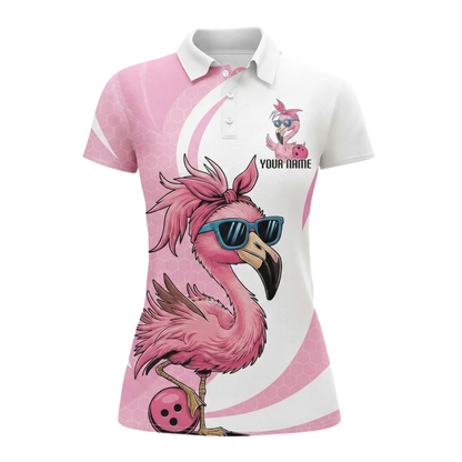 Flamingo Women's Custom Bowling Polo Shirt, Custom Flamingo Bowing Team Shirts For Ladies BZ0520