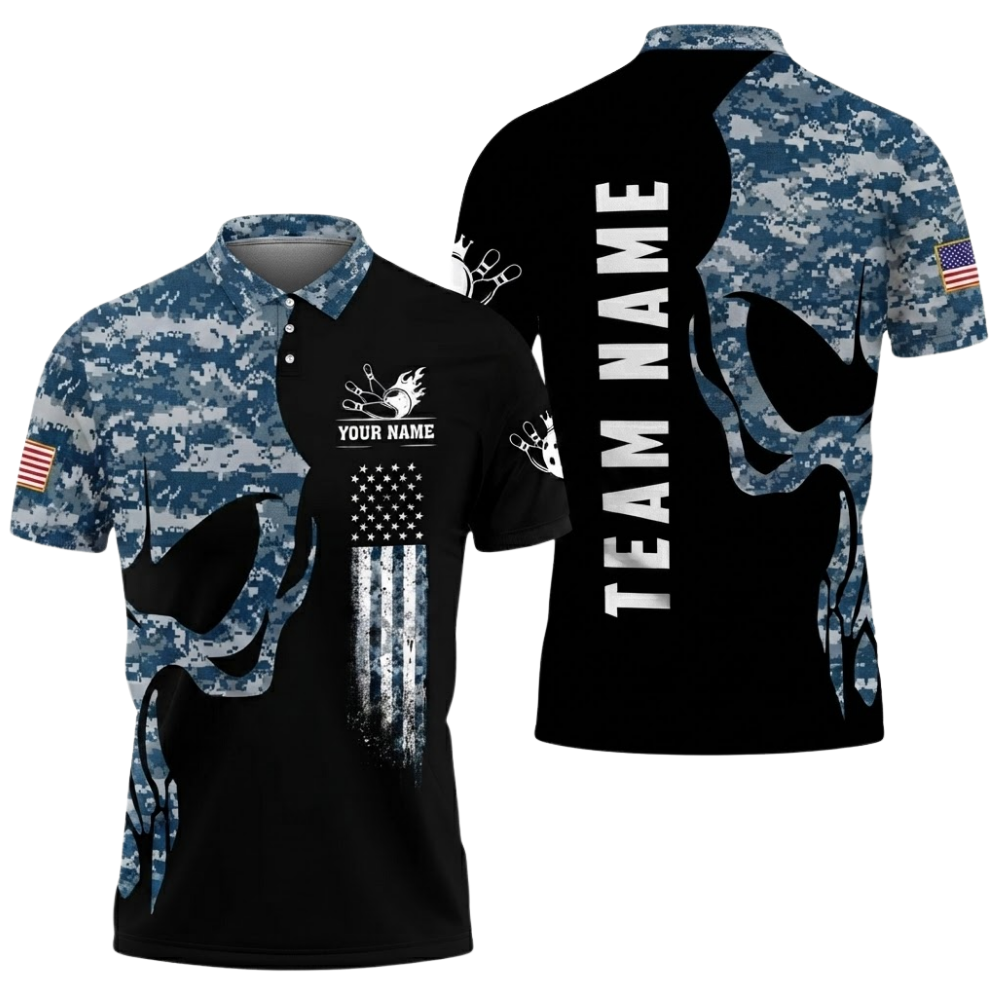 Custom Mens Camo Skeleton Bowling Polo Shirt, Custom Skull Bowling Team Shirts BZ0550