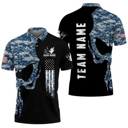 Custom Mens Camo Skeleton Bowling Polo Shirt, Custom Skull Bowling Team Shirts BZ0550