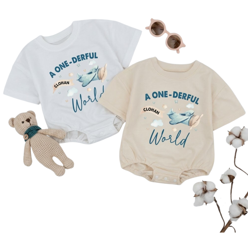 Personalized A Onederful World Baby T Shirt Romper, Custom Airplane First Birthday Baby Romper BB0306