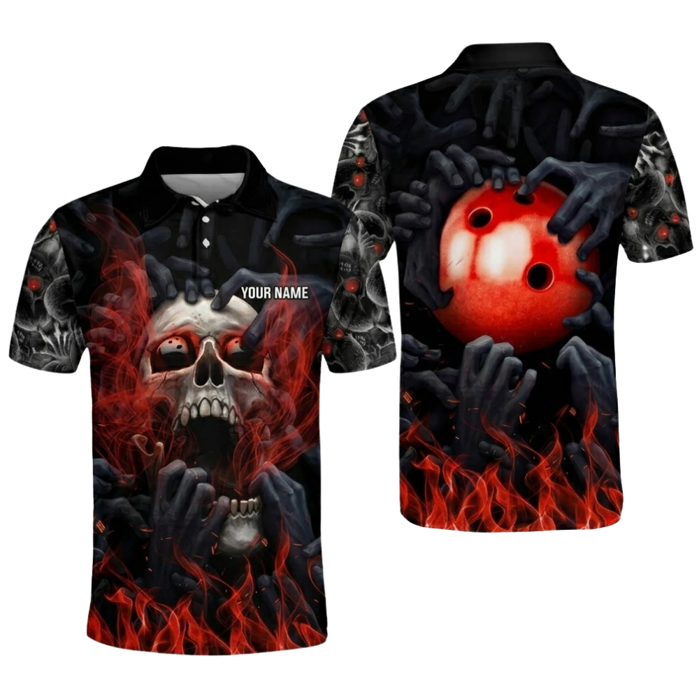 Custom Skeleton Red Smoke Bowling Polo Shirt For Men, Custom Skull Bowling Shirts BZ0762