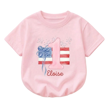 Custom American Flag 1st Birthday Baby Tshirt Romper, Custom Baby's Patriotic First Birthday Romper BB0243