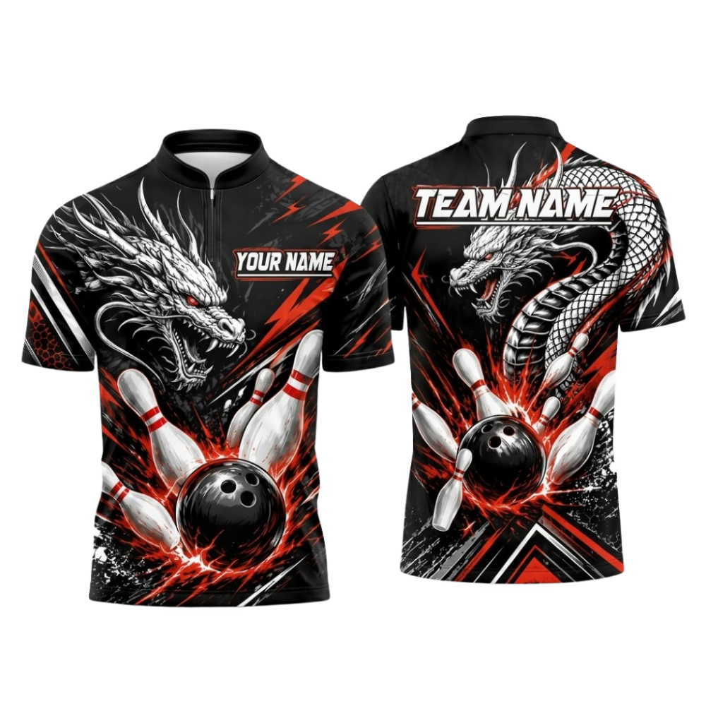Custom Dragon Men's Black Red Bowling Jersey, Custom Dragon Team Bowling Shirts BZ1072