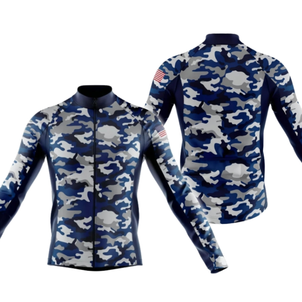 Men's Blue Camo Cycling Long Sleeve Jersey For Men, Camouflage Cycling Jerseys CG0724