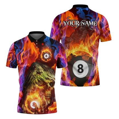 Custom Skull 8 Ball Flaming Billiard Polo Shirts For Men, Custom Skull 8 Ball Pool Shirts Team BIE0070