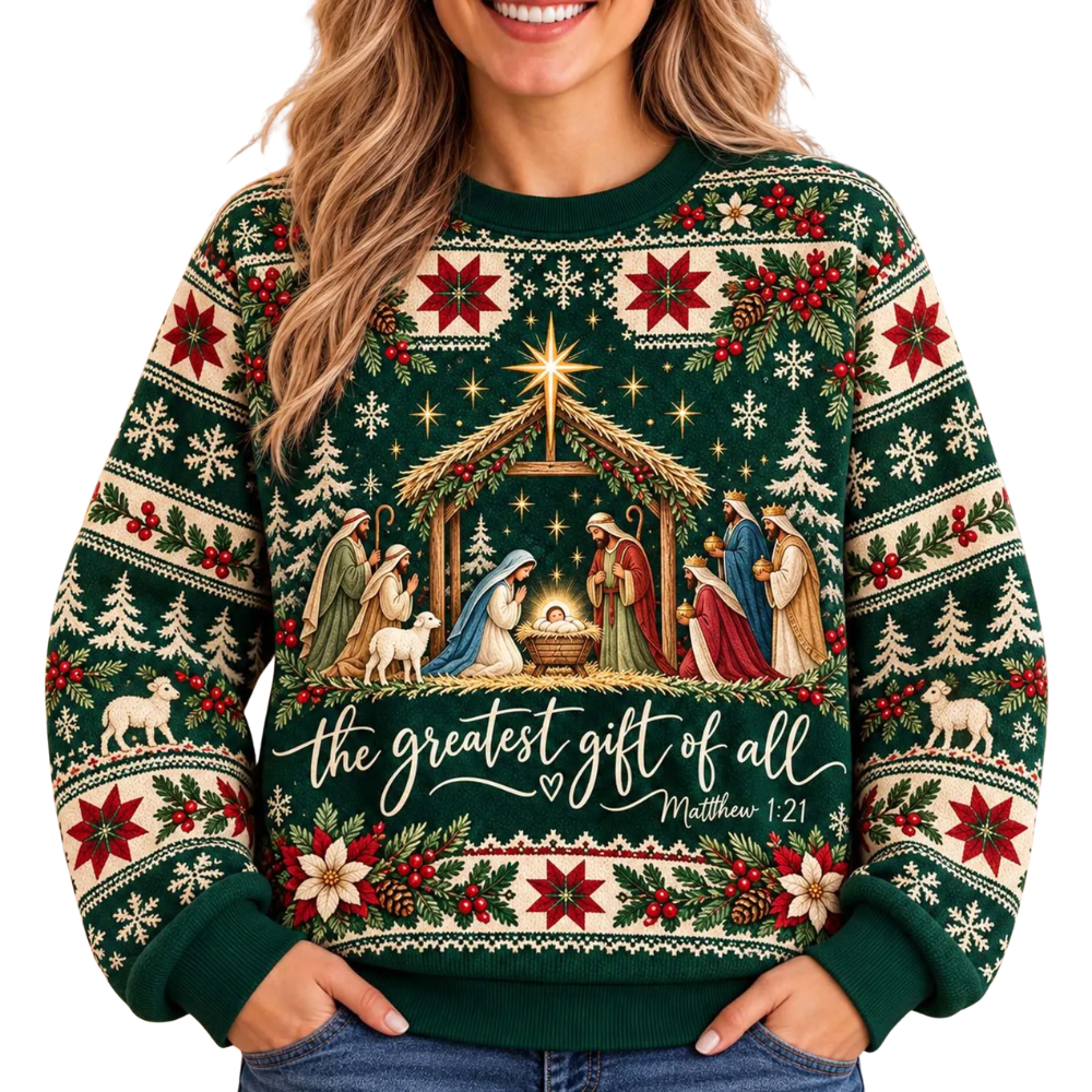 The Greatest Gift Of All Matthew 1:21 Ugly Christmas Sweatshirt Green, Christian Bible Verse Xmas Ugly Sweater 2D1232