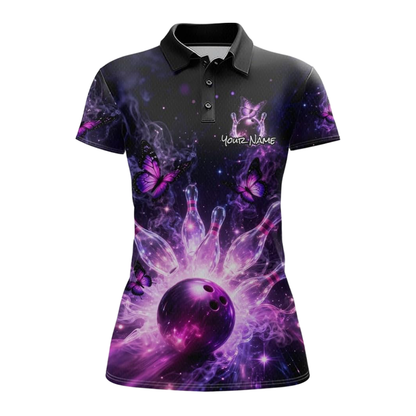 Custom Butterflies Purple Women's Bowling Polo Shirt, Custom Butterfly Bowling Team Shirt For Ladies BZ0775
