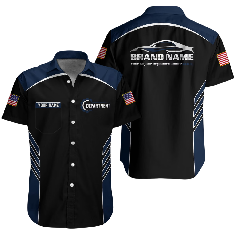 Personalized Racing Team Workwear Button Hawaiian Shirt Men, Custom Mechanic Uniform Shirts For Company HE0379