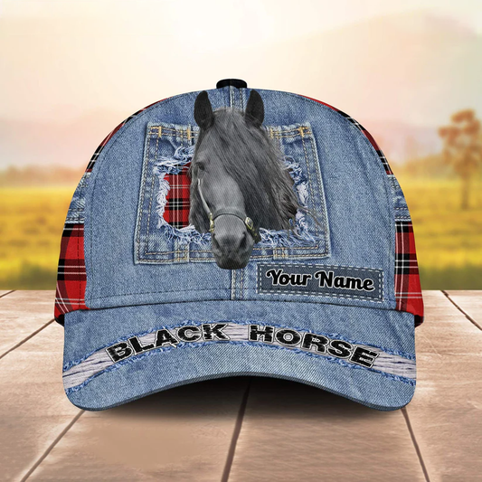Black Horse Overall Jeans Pattern And Red Caro Pattern Customized Name Cap CA0185