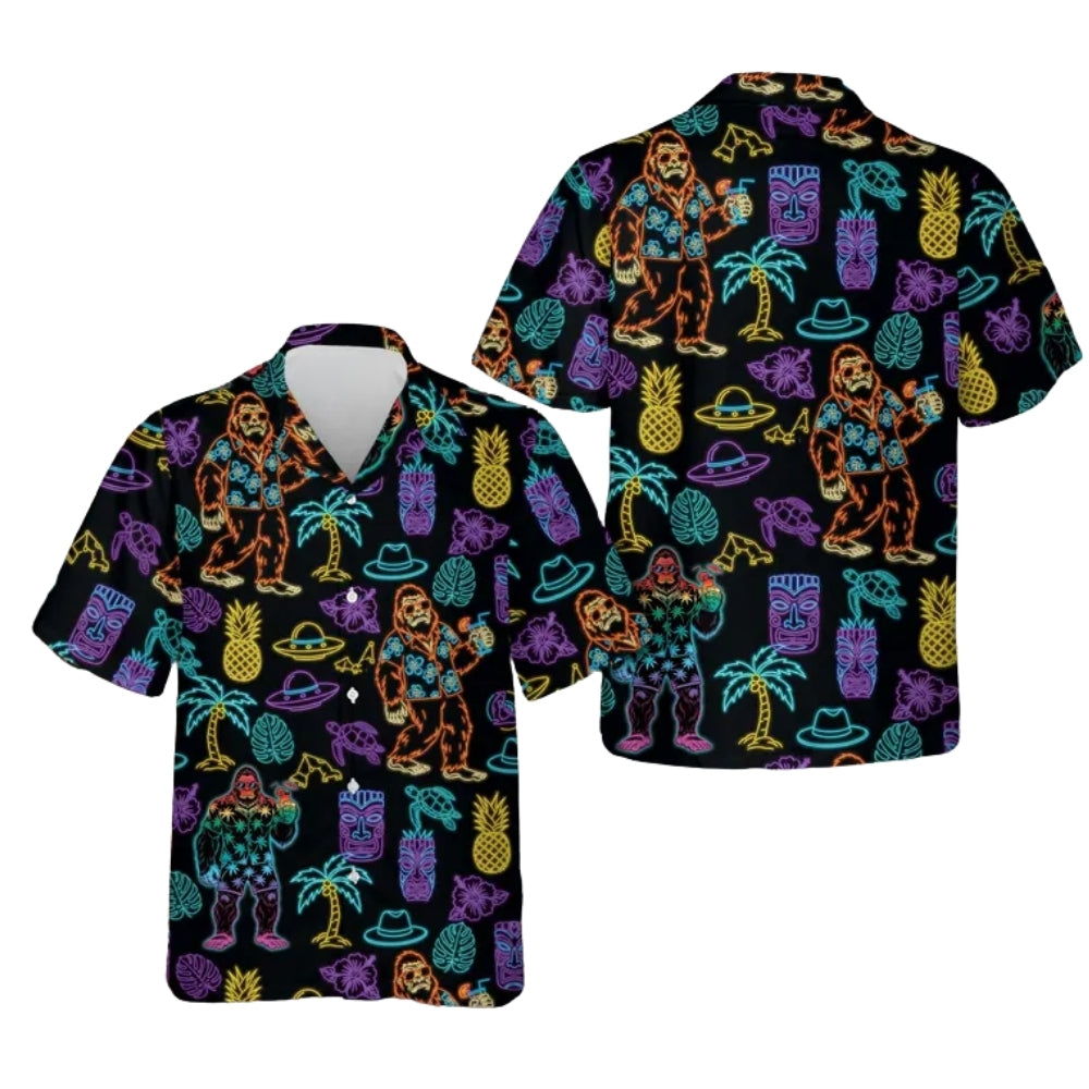 Neon Bigfoot Tiki Tropical Men's Hawaiian Shirt, Sasquatch Tiki Hawaiian Shirts HE0407