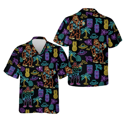 Neon Bigfoot Tiki Tropical Men's Hawaiian Shirt, Sasquatch Tiki Hawaiian Shirts HE0407