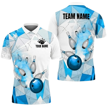 Custom Team Blue White Geometric Bowling Polo Shirt Men, Custom Bowling Shirt BZ0806