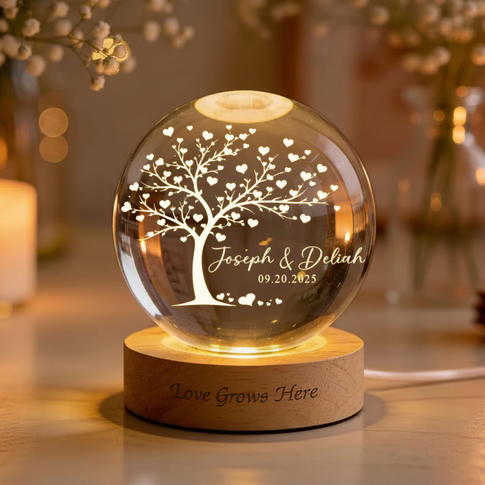 Love Grows Here Custom Tree Couple Name Crystal Ball Led Night Light, Custom Wedding Night Light WD0853