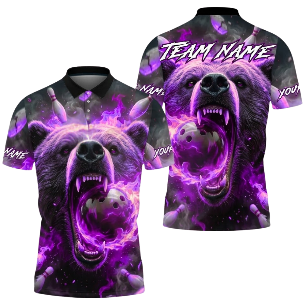 Custom Bear Fire Ball Bowling Polo Shirt For Men, Custom Bear Bowling Team Shirts BZ0504