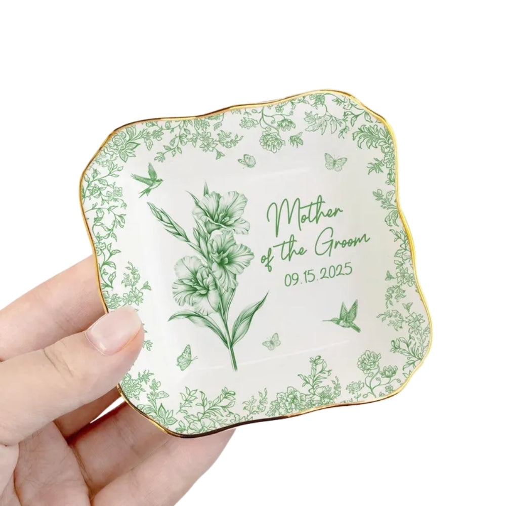Custom Toile De Jouy Mother Of The Bride & Groom Jewelry Dish, Custom Wedding Jewelry Dish For Mother Of The Bride & Groom WD0054