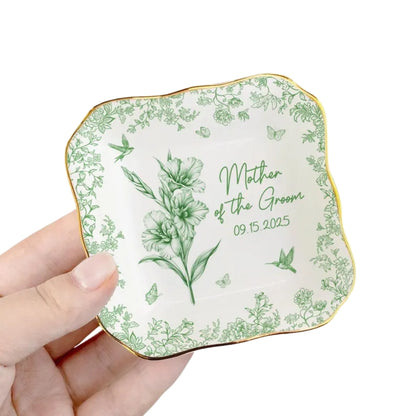 Custom Toile De Jouy Mother Of The Bride & Groom Jewelry Dish, Custom Wedding Jewelry Dish For Mother Of The Bride & Groom WD0054