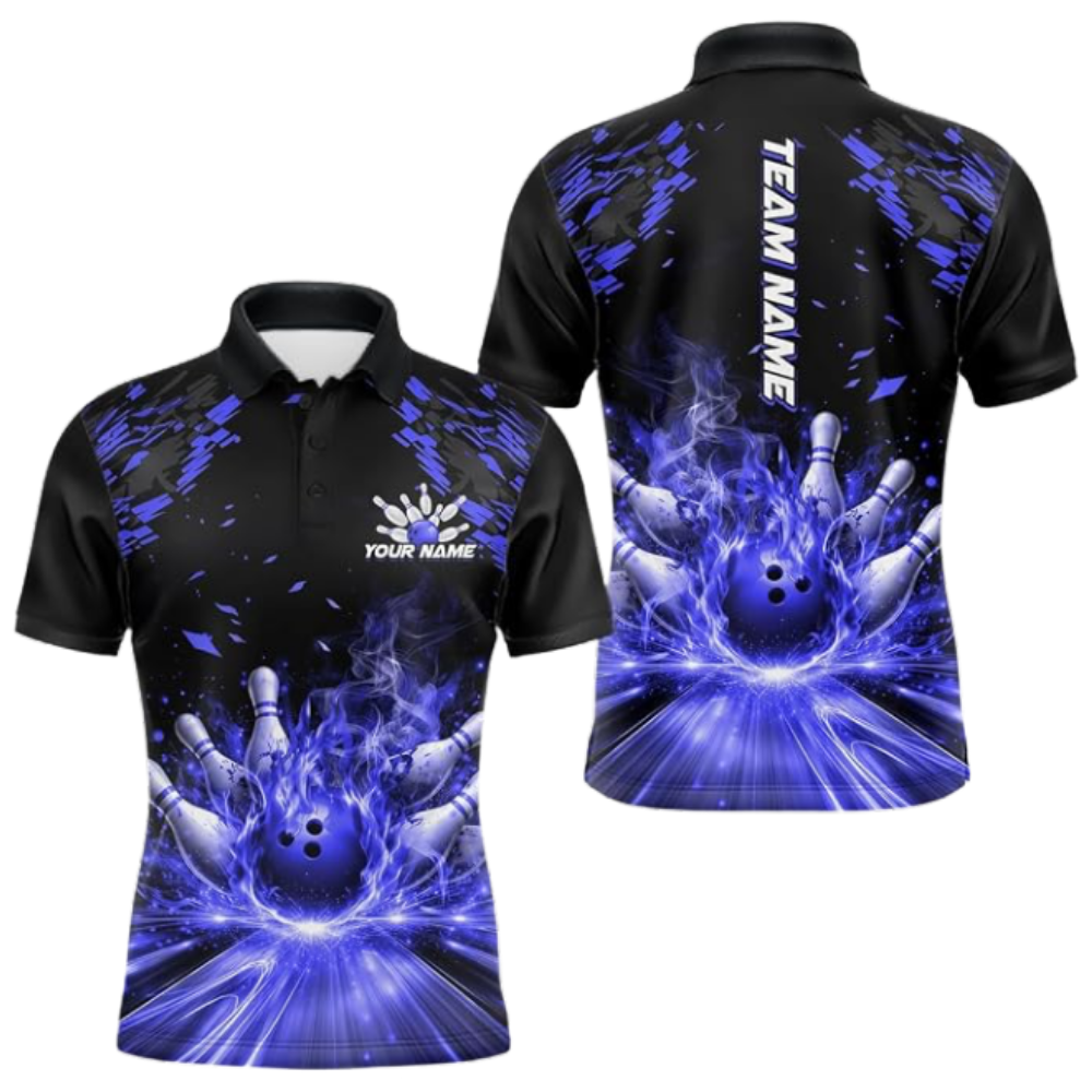 Custom Purple Flaming Bowling Polo Shirt For Men, Custom Flame Bowling Team Shirts BZ0677
