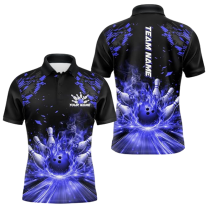 Custom Purple Flaming Bowling Polo Shirt For Men, Custom Flame Bowling Team Shirts BZ0677