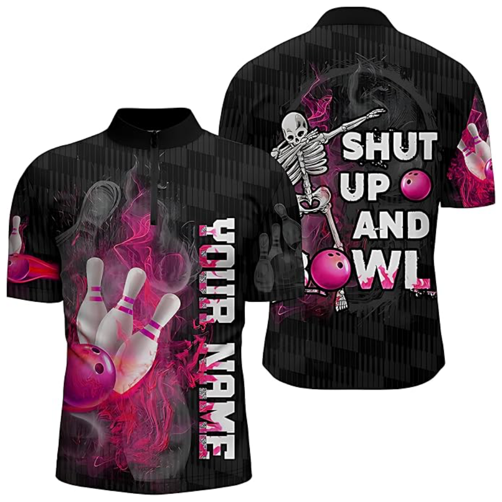 Shut Up And Bowl Custom Skeleton Flame Men's Bowling Jersey, Custom Skull Bowling Shirts  BZ0792