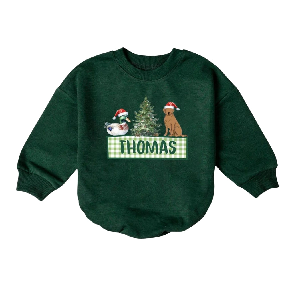 Personalized Mallard Duck Labrador Christmas Tree Baby Romper Sweatshirt, Custom Name Christmas Baby Hunting Romper Sweatshirt BB0207