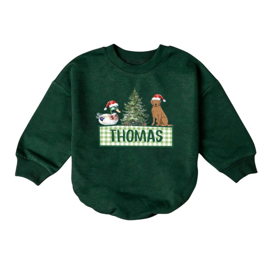 Personalized Mallard Duck Labrador Christmas Tree Baby Romper Sweatshirt, Custom Name Christmas Baby Hunting Romper Sweatshirt BB0207