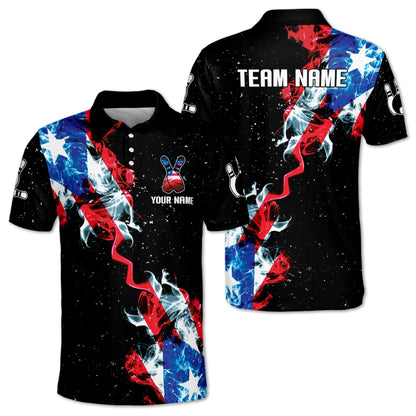 Custom Puerto Rico Flag Smoke Bowling Men's Polo Shirt, Custom Patriotic Bowling Team Shirts BM0345