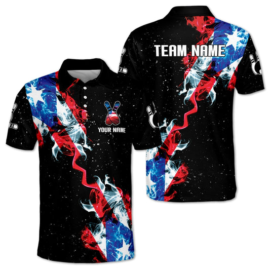 Custom Puerto Rico Flag Smoke Bowling Men's Polo Shirt, Custom Patriotic Bowling Team Shirts BM0345