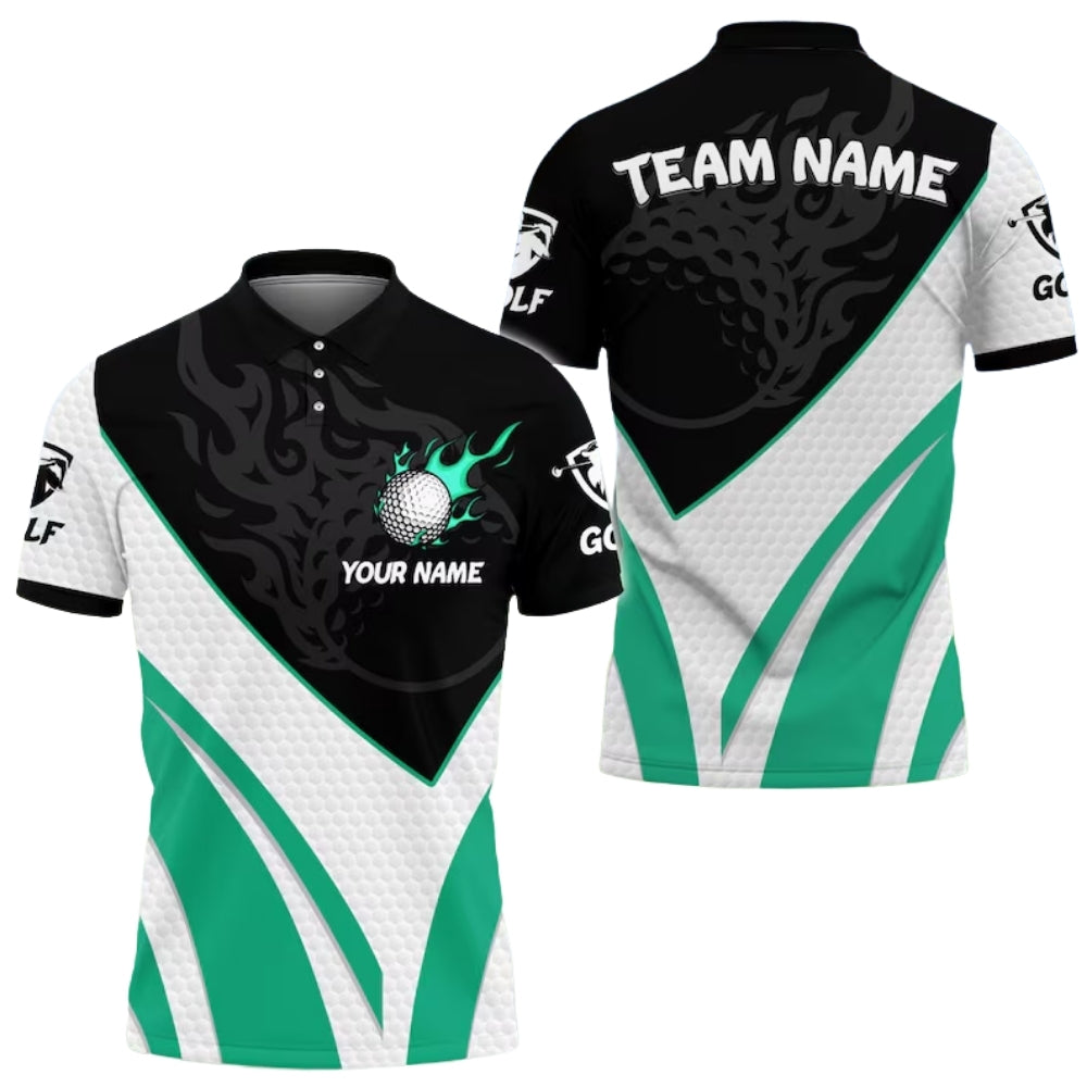 Custom Flame Golf Ball Men's Black White Polo Shirt, Custom Team Golf Shirts GE0388