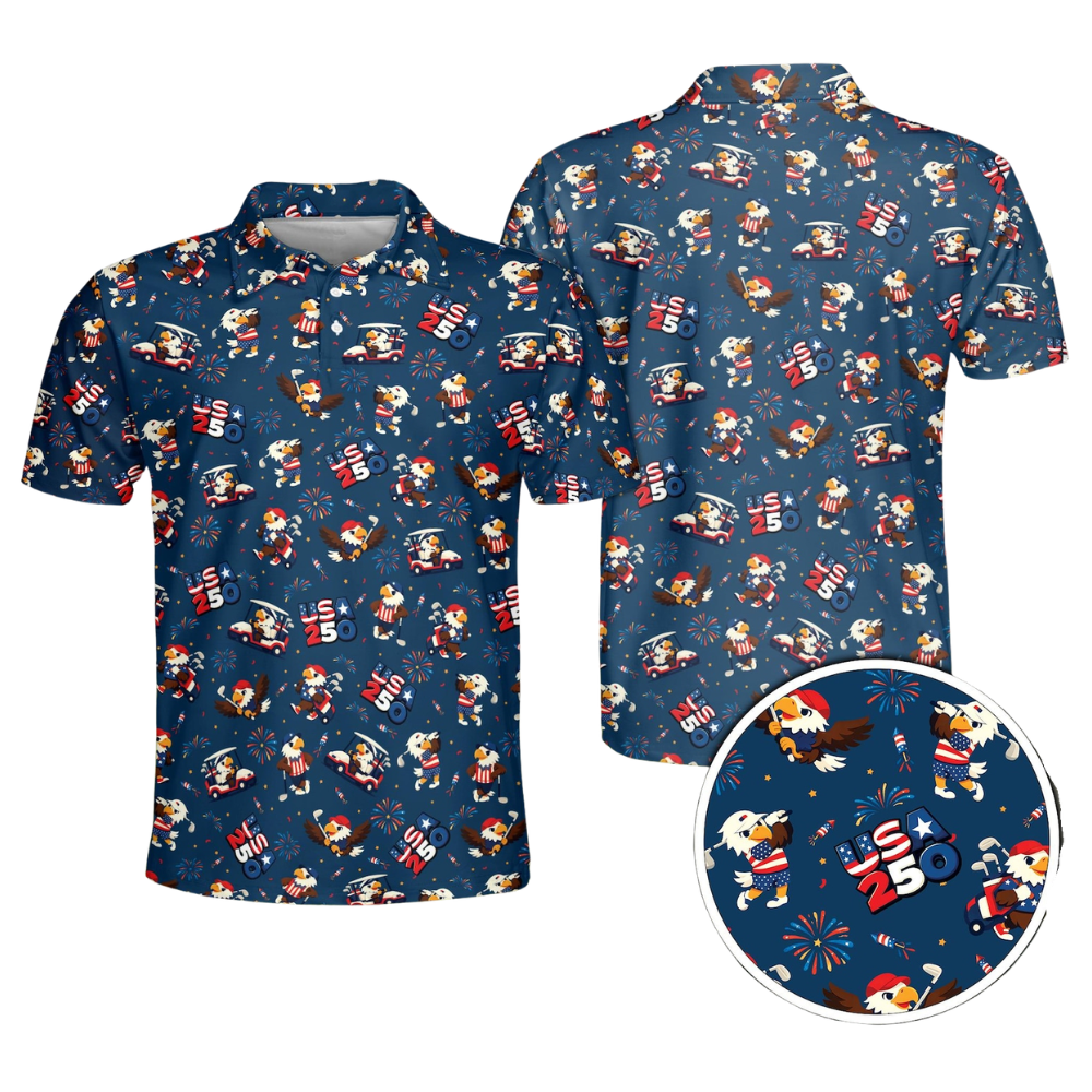 Men's Funny Eagle American Flag Navy Golf Polo Shirts, 4th Of July Eagle Golf Shirts GE0481