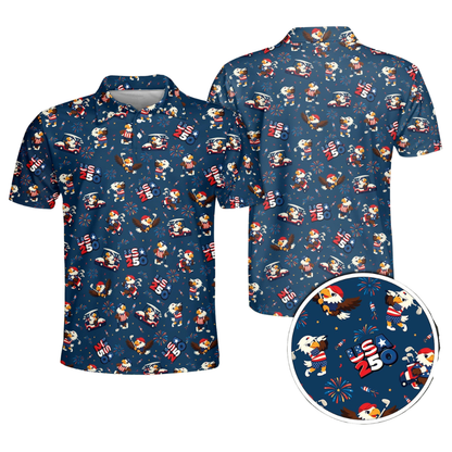 Men's Funny Eagle American Flag Navy Golf Polo Shirts, 4th Of July Eagle Golf Shirts GE0481