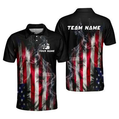 Custom American Flag Smoke Bowling Polo Shirt For Men, Custom Patriotic Bowling Team Shirt BZ1054