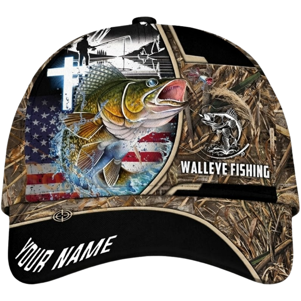 Custom Walleye Fishing Cross USA Flag Baseball Cap, Personalized Fishing Lover Hat CP0614
